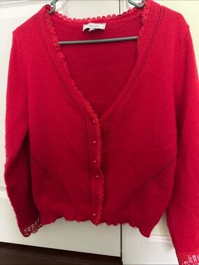 RIHOAS Bright Red V-Neck Button Crochet-Trim Cardigan Sweater